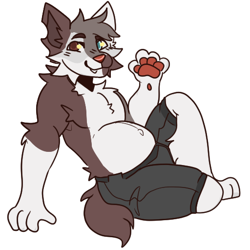 A friendly pregnant bear-coyote hybrid male character with a gray, reddish-brown and white coat, distinct multicolored eyes (specifically brown on the left and light blue on the right), wearing black shorts, sitting and waving with red paw-pads. (Fursona of the site owner, z)